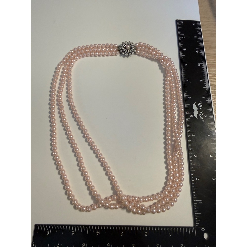 Vintage Japan Pink Faux Pearl Triple Strand Necklace Rhinestone Floral Clasp